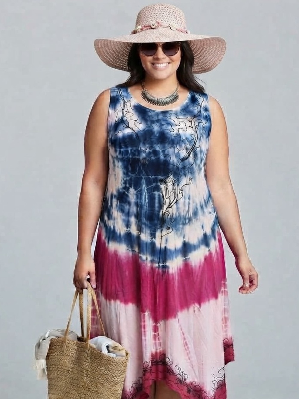 BEACH Sleeveless Tie Dye Dress in Navy, Pink & White FREE SIZE EST XL